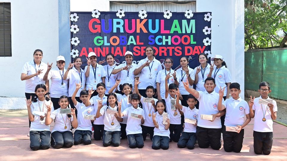 Students with their medals and teachers on Annual Sports Day