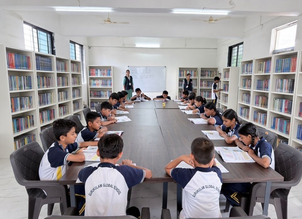Students reading at the long table in the school library