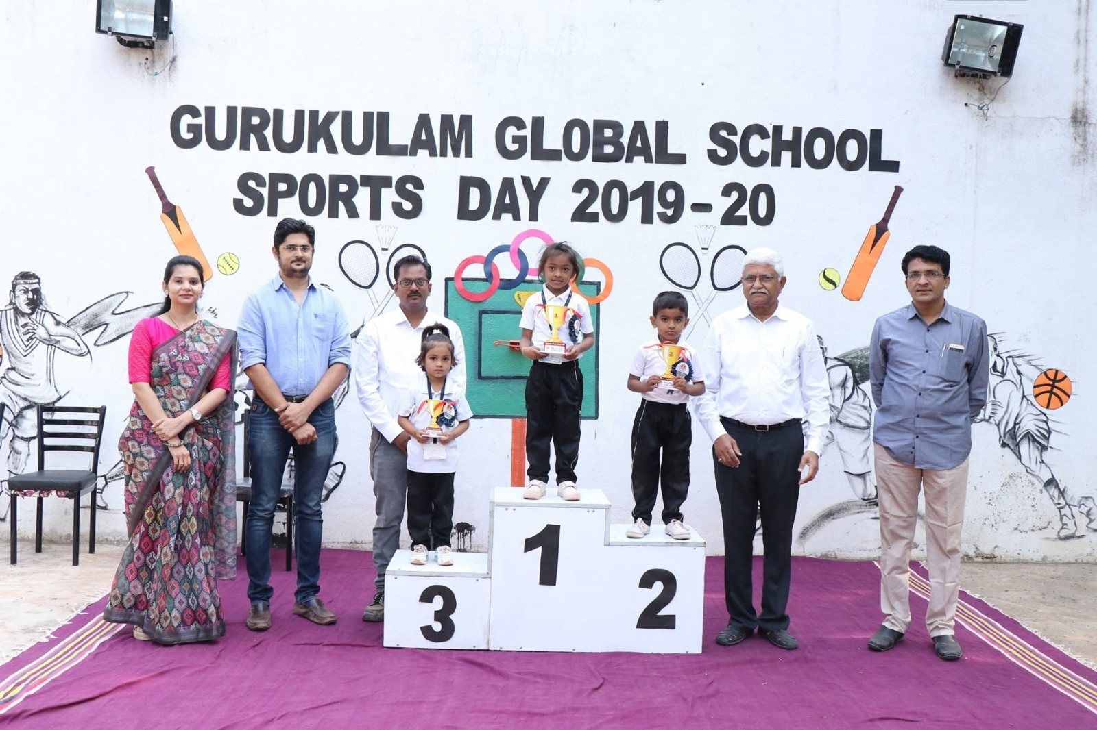 Podium winners with the guests, Sports Day 2019-20