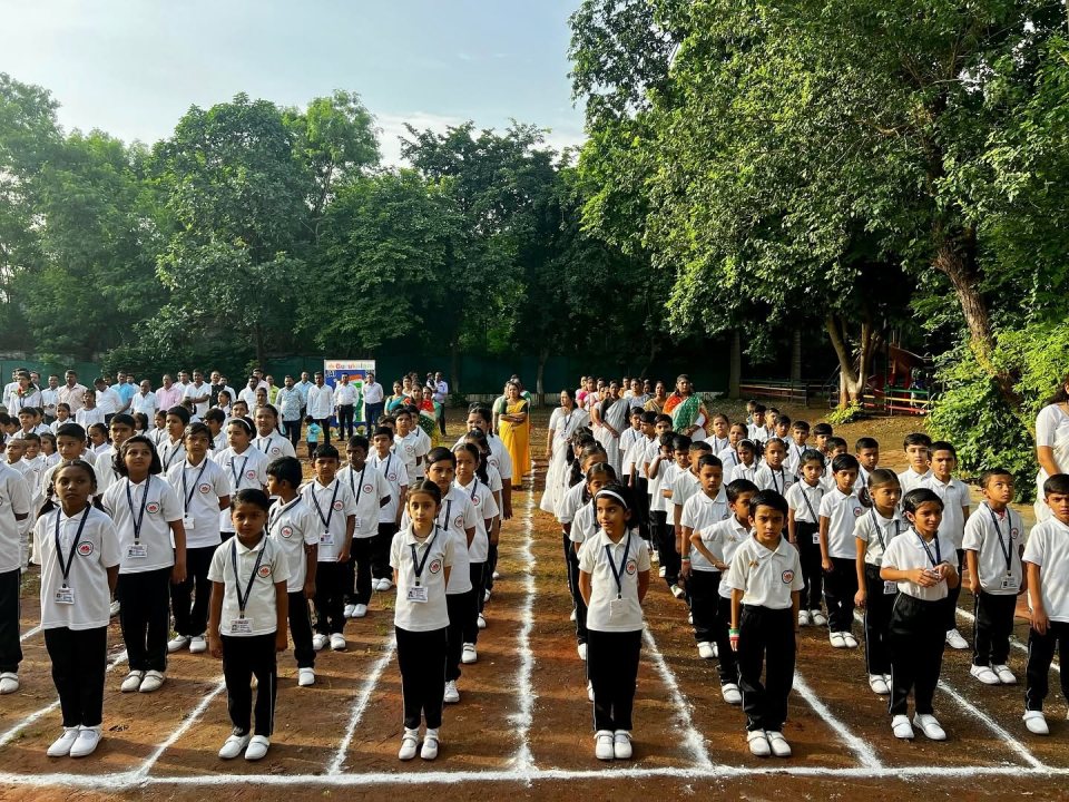 Classes in rows on the ground for the flag hoisting