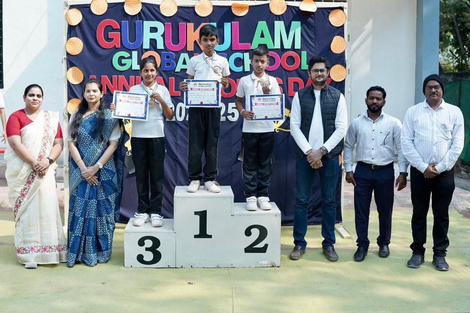 Medal winners on the podium, Sports Day 2024-25